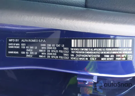 2021 Alfa Romeo Stelvio Ti Sport Awd from USA, damaged, VIN ZASPAKBN7M7D10750